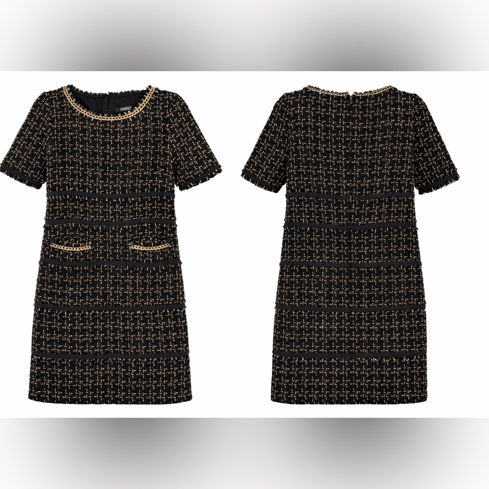 NISSA Black Gold Tweed Chain Trim Shift Dress